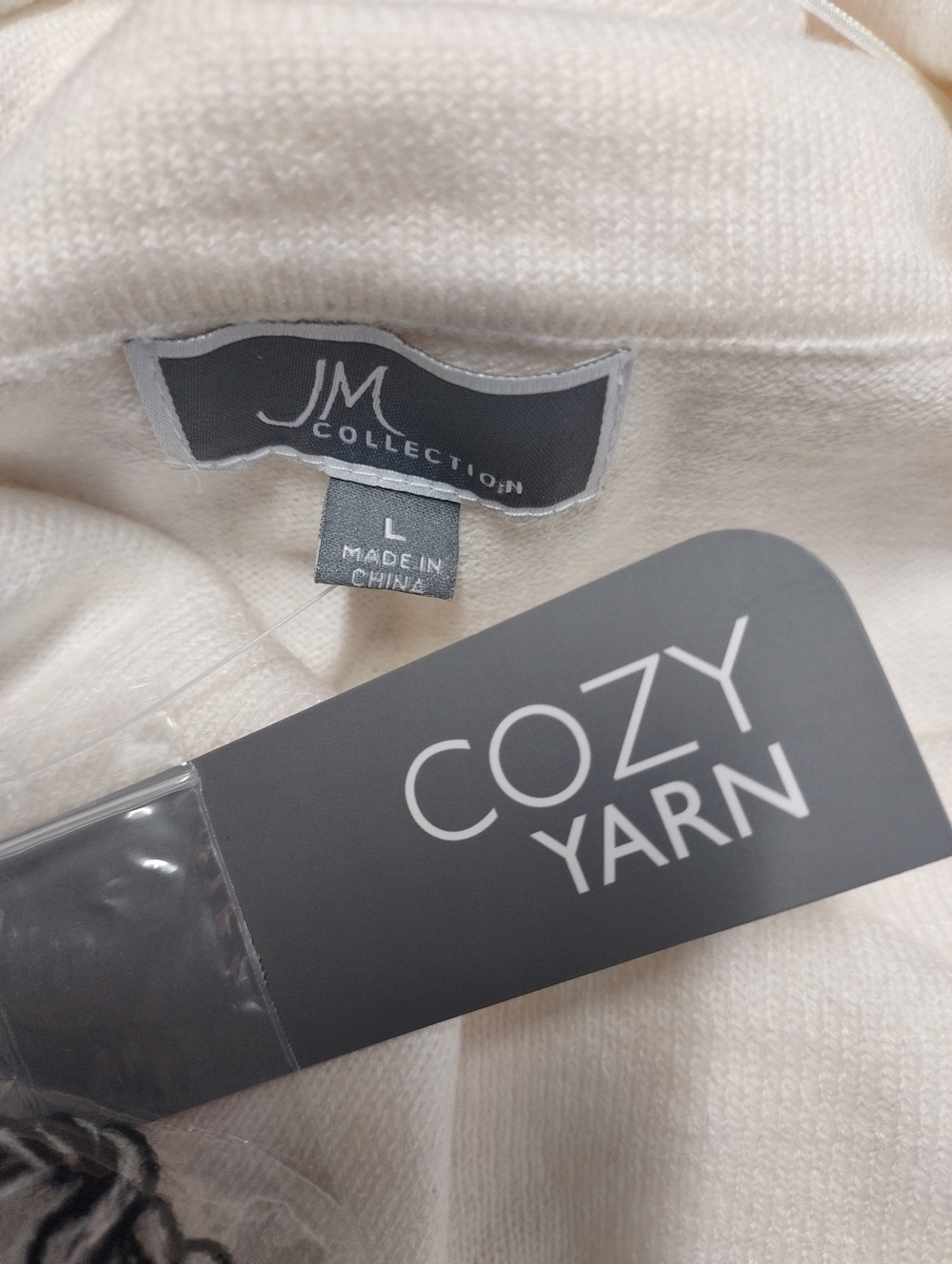 NWT JM Collection Cozy Yarn Black Cream Cowl Neck Sweater Size L 3/4 Tab Sleeve - Picture 7 of 8